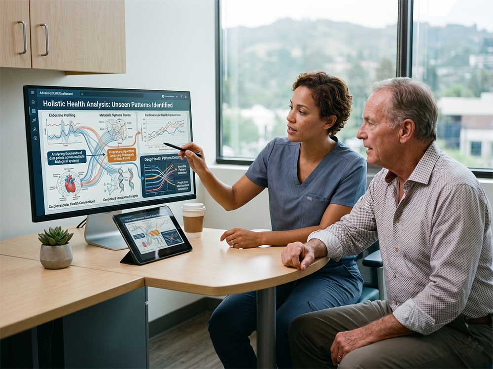 A clinician and a patient reviewing a whole-person health analysis on an EverBetter dashboard