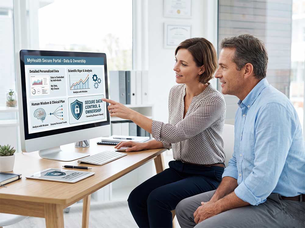 A clinician and a patient reviewing a secure health portal showing personal data ownership controls