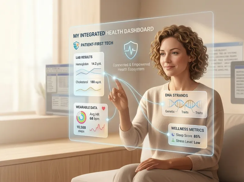 A person reviewing her lab results, wearable data and genetic traits on an integrated health dashboard
