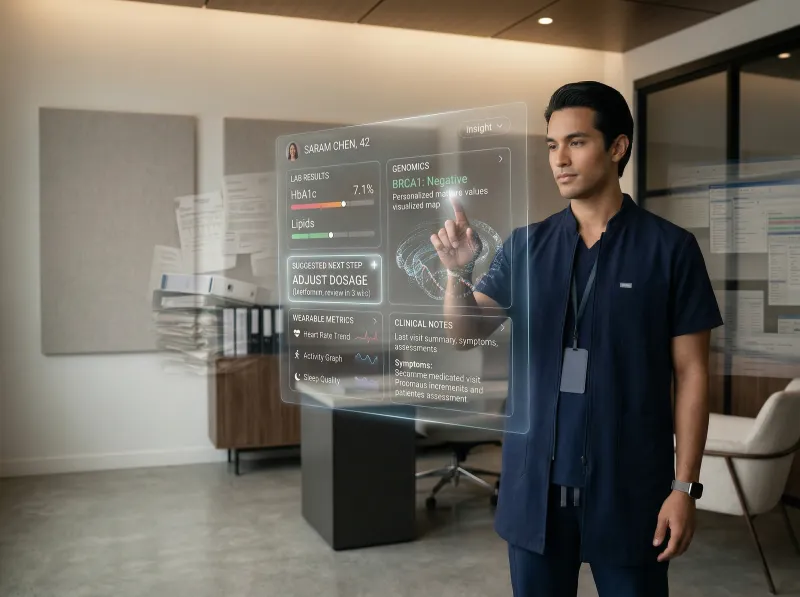 A clinician reviewing labs, genomics and wearable metrics on an EverBetter Pro interface