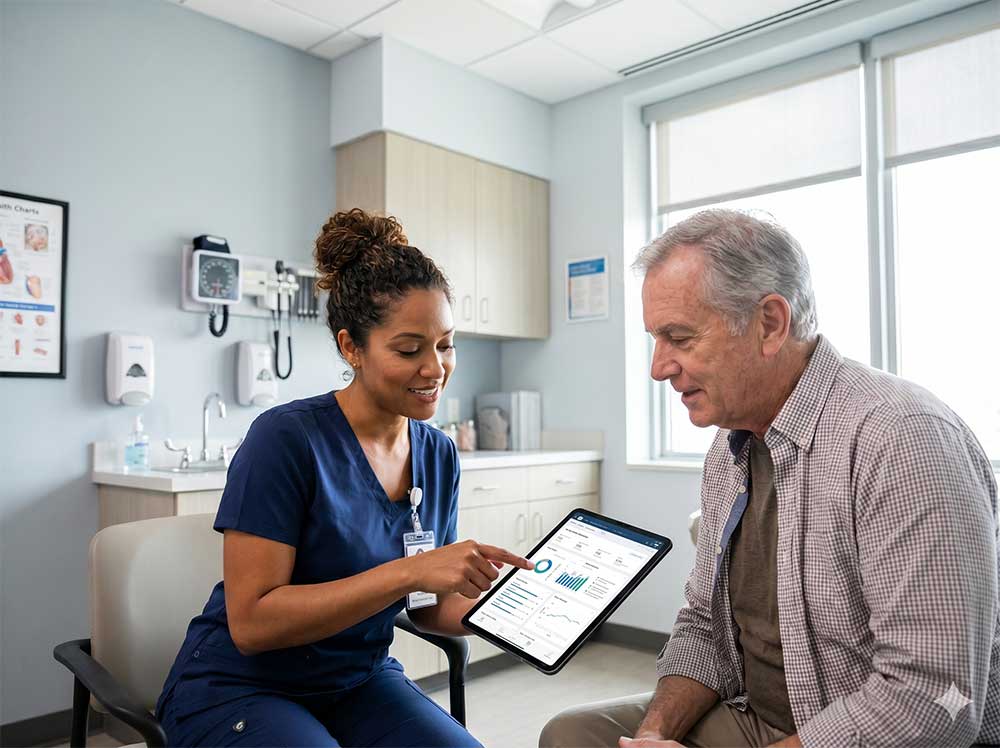A nurse and a patient setting visit goals on a tablet in an exam room