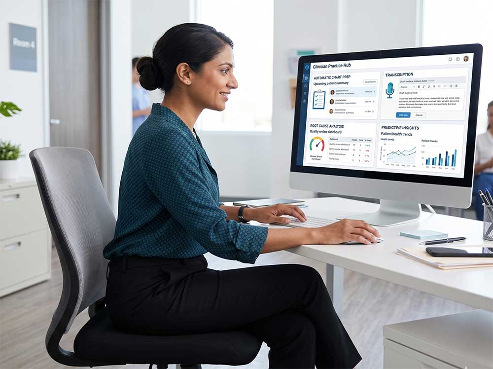 A clinician at a workstation showing automatic chart prep, transcription and predictive insights