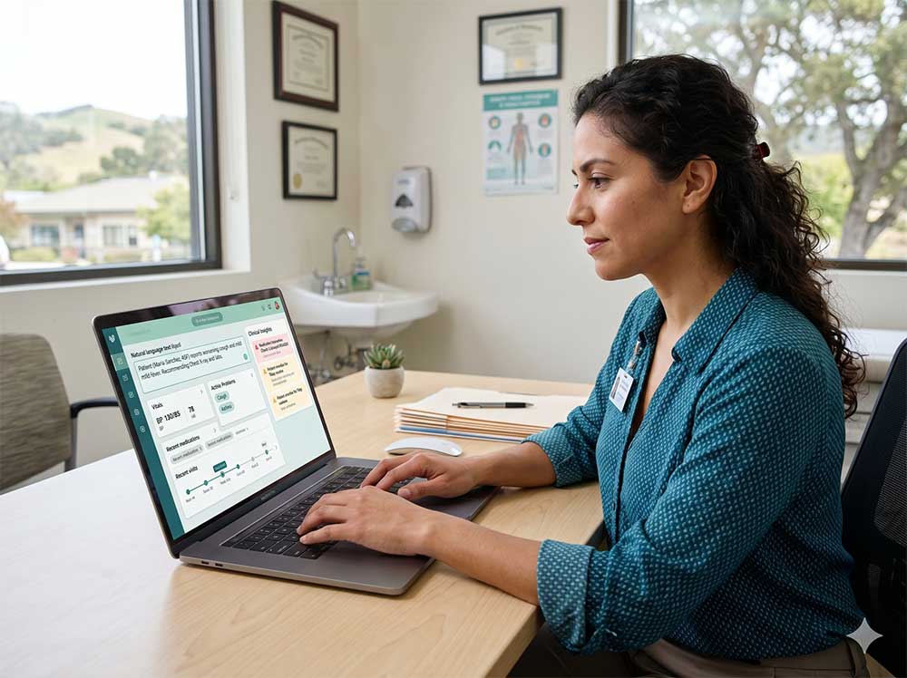 A clinician entering a note in natural language on a laptop